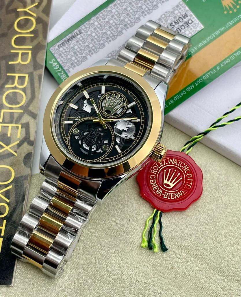 RLX Analog Royal Deginer Watch- Black Color Dial Stainless Steel With Gold Color Dated Watch For Men's -Best For Stylist Look- RLX-7904
