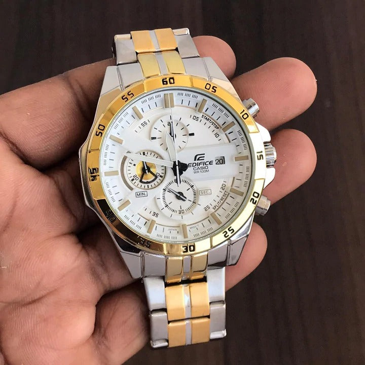 Casio Edifice Chronograph Watch With Multicolor Stainless steel Strap With Multiple Dial To World Times Men's Watch White And Gold CaseEFR-547sg-7a9 EFR-887