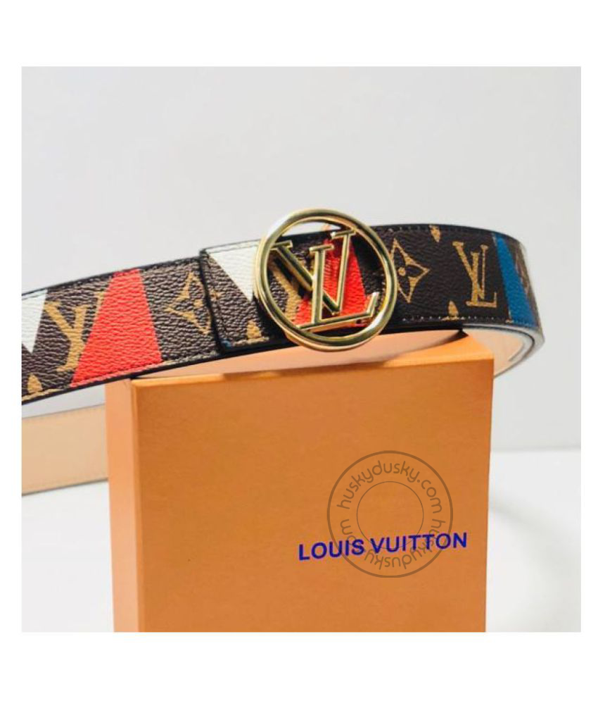 LV Multi Color Leather Men's Women's LV-BGM-01 Waist Belt for Man Woman or Girl Gold Circle LV Buckle Gift Belt
