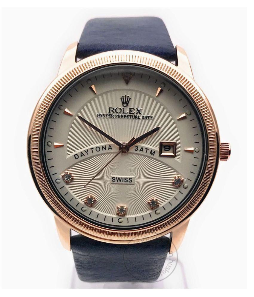 RLX DayTona 3ATM Swiss Dark Blue Leather Men's Watch For Man RLX-3-09 White Dial Gold Case Date Gift Watch