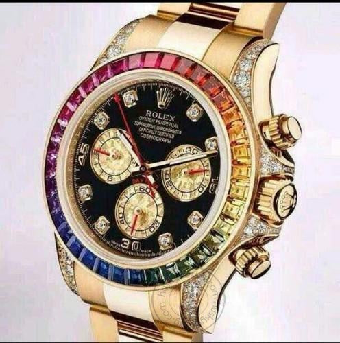 Multi Color Chronograph Men's Watch With Dual Tone Stainless Steel Strap, Diamond Case, Rainbow