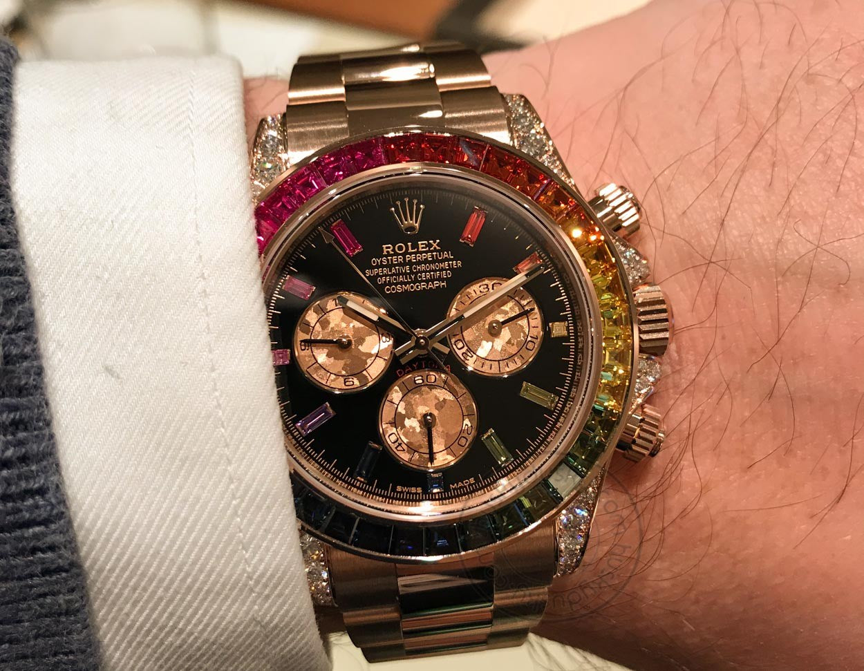 Multi Color Chronograph Men's Watch With Dual Tone Stainless Steel Strap, Diamond Case, Rainbow