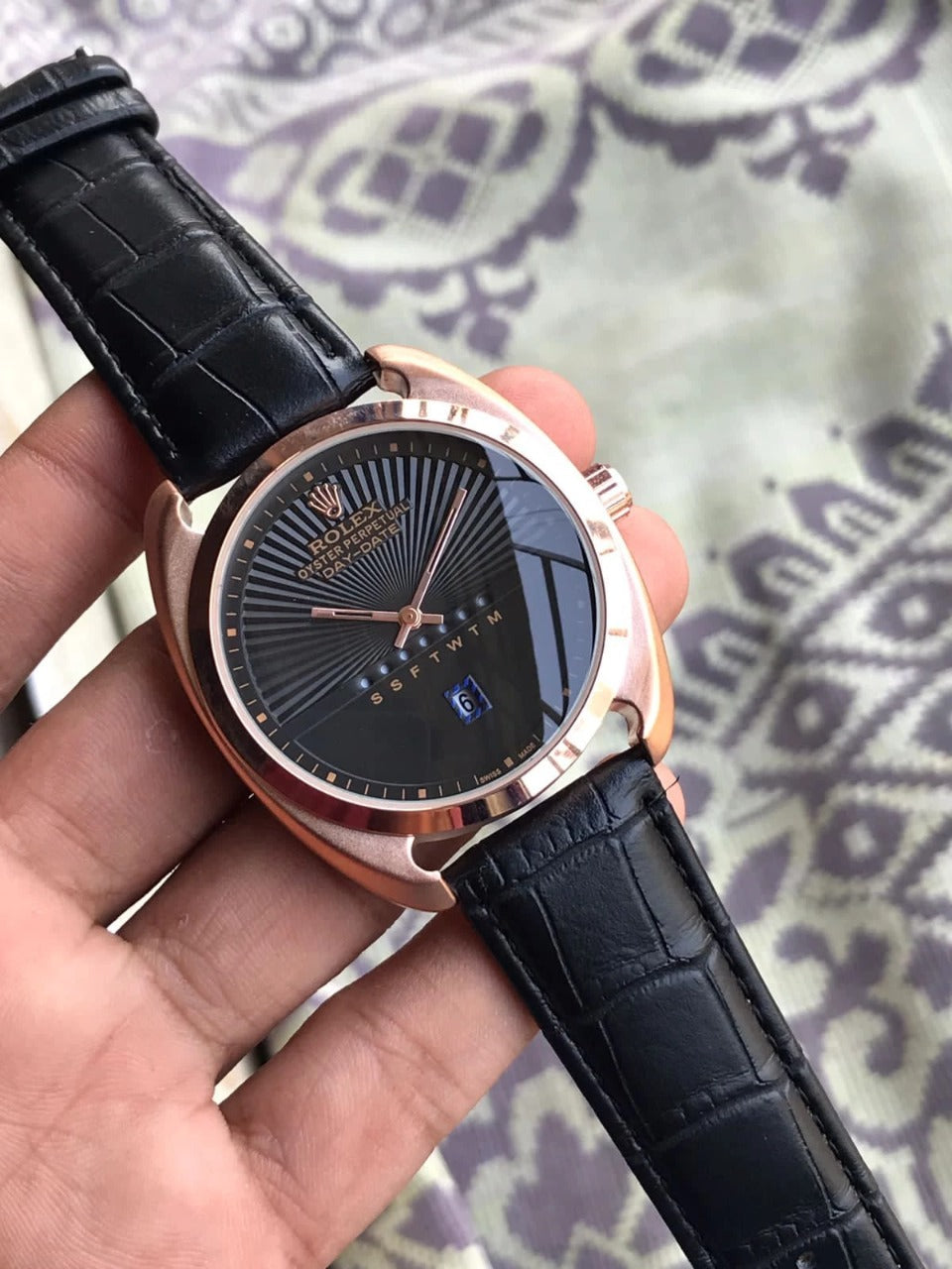 Black Leather Oyster Perpetual Watch For Men's Casual New Trending Style Watch Black Dial With Gold Metal Day Date Men's Watch Best Gift Watch RLX-1209