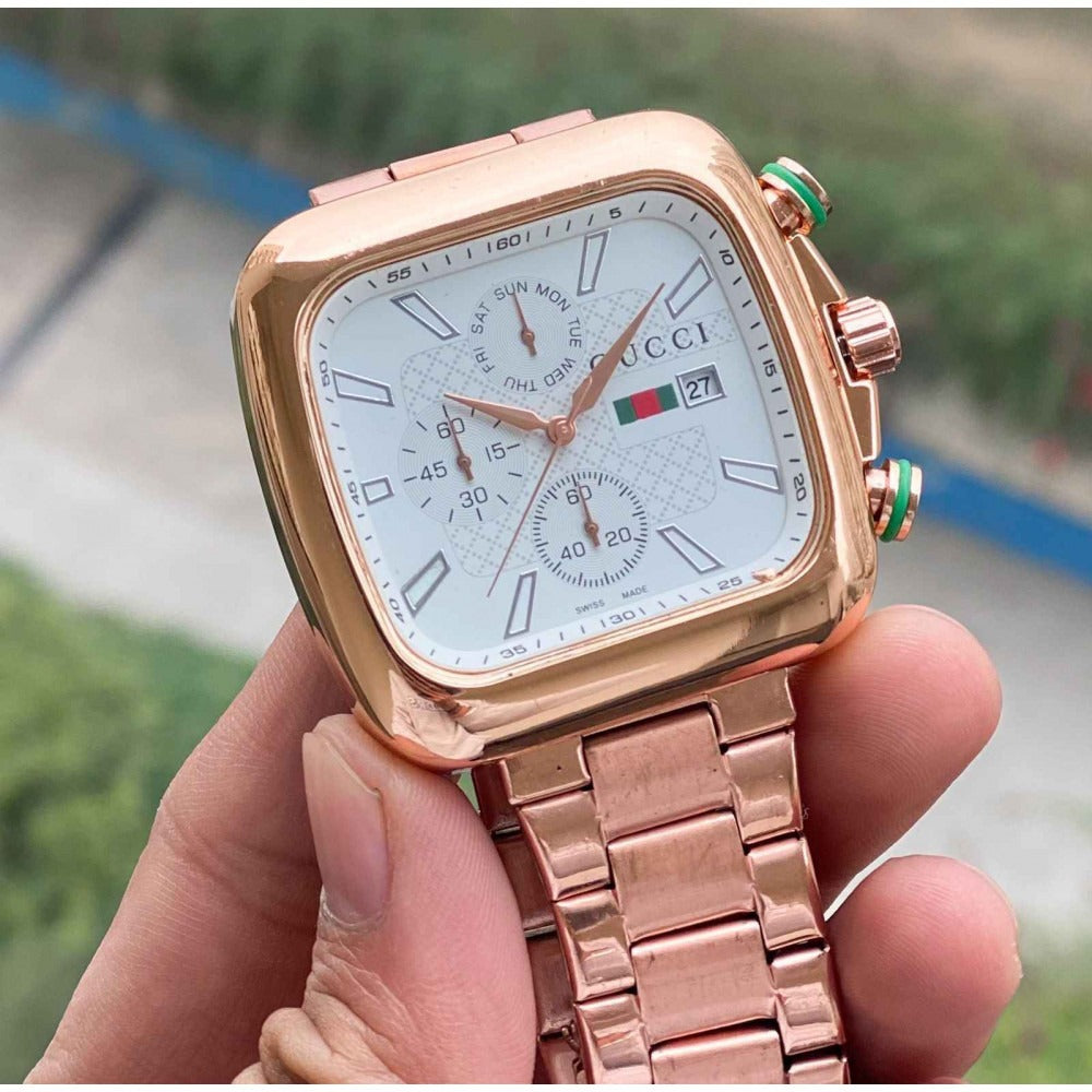 Chronograph Rose Gold Color Strap Men's Watch For Man White Dial Date Gift Watch GC-6892