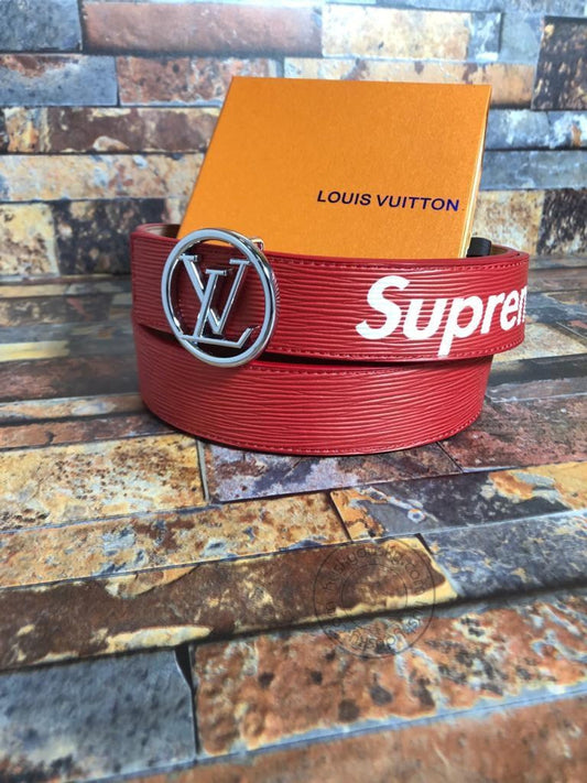 Red Color Leather Men's Women's LV-BLT-09 Waist Belt for Man Woman or Girl Silver LV Buckle Gift Belt