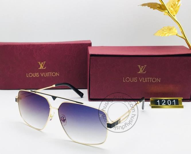 LV Branded Blue shade Glass Men's and Women's Sunglass for Man and Woman or Girls LV-1202 Gold And Black Frame Unisex Gift Sunglass