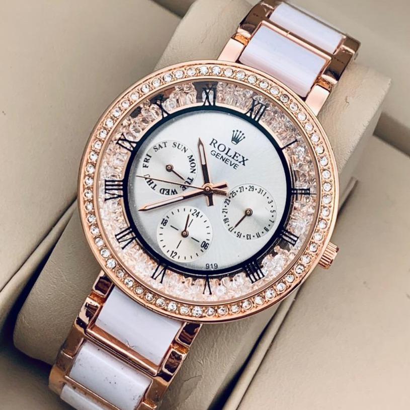 Two-Tone Strap Women's Chronograph Watch for Girl or Woman White Dial Diamond Case Best Gift For Women