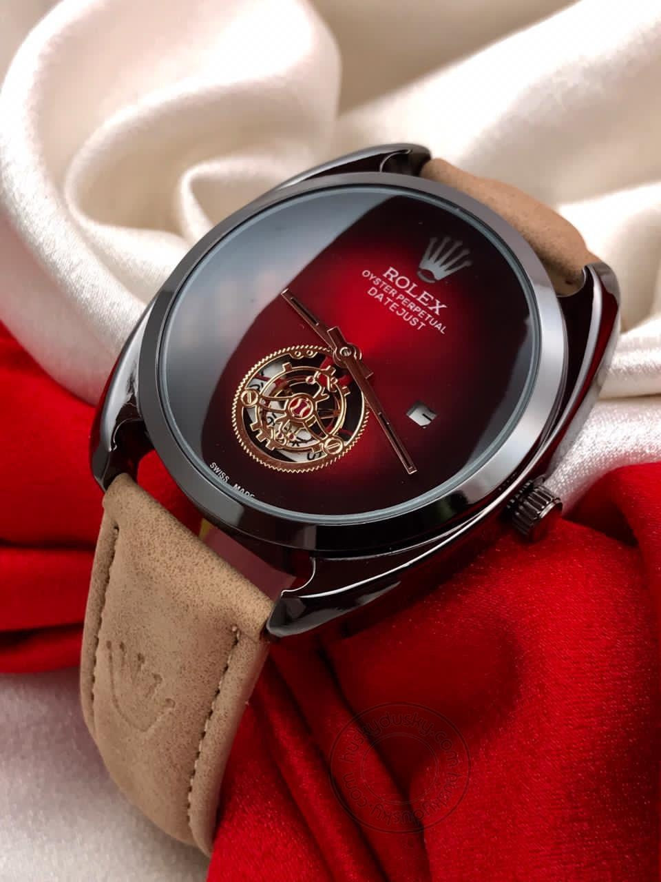 RLX Oyster Perpetual DayTona Tan Leather Women's Watch For Man RLX-460 Red Dial Black Case Date Gift Watch