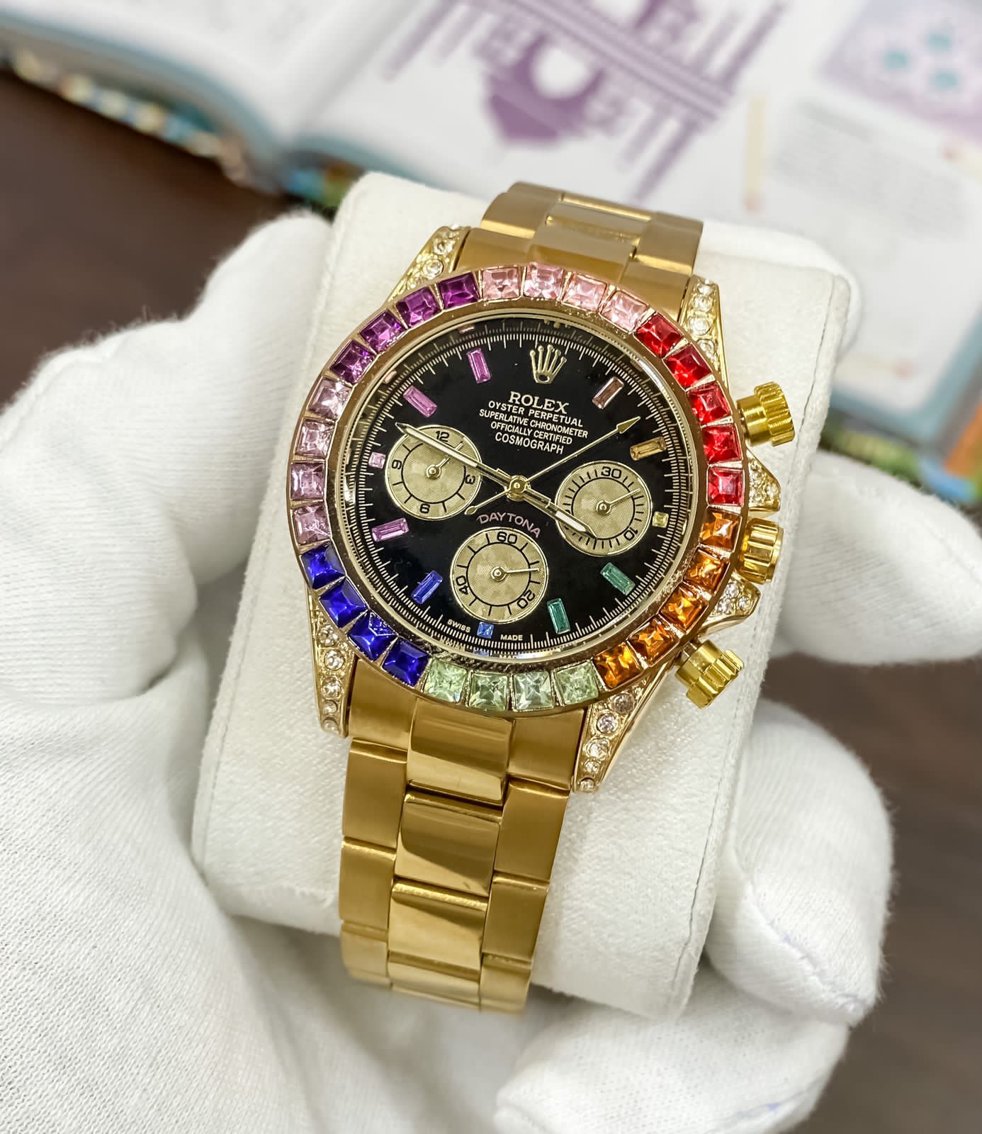 Multi Color Chronograph Men's Watch With Dual Tone Stainless Steel Strap, Diamond Case, Rainbow