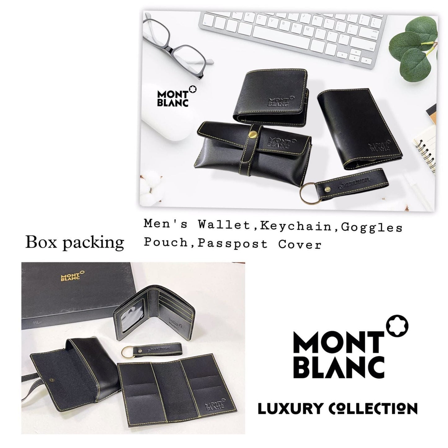 Mont Blanc Branded 4 in 1 Leather Corporate Gift Set In a Tan Color with Sunglass Cover, Wallet, Card Holder and Metal Keychain MB-SET-Tan