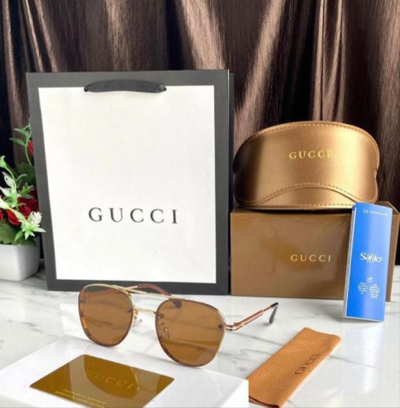 Gucci Branded Brown Color Shade Glass Men's Women's Or Girls Sunglass For Man Woman Or Girl GU-B209 Golden Stick Gift Sunglass For Casual Use