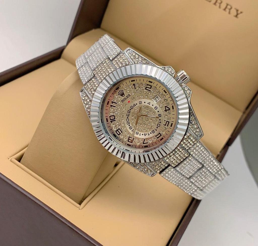 RLX Analog Diamond Set Watch Royal Silver Color Diamond Stainless Steel With Silver Color Diamond Arabic Dial Dated Watch For Men's And Women's -Best For Stylist Look- RLX-8096