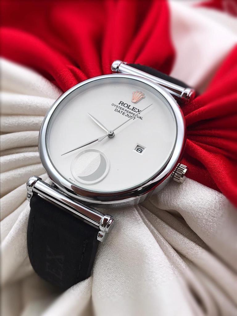 RLX Black Leather Belt with Silver Case Men's Watch For Man Casual New Trending style Watch Rlx-2-121 White Dial Silver Case Best Gift Watch