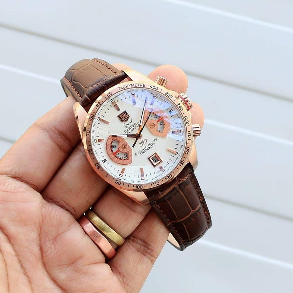 Tag Heuer Grand Carrera Luxury Watch For Men's CAV514B.FC8171 Brown Color Leather Dated Watch White Dial Leather Watch For Man- Best Formal Look Watch