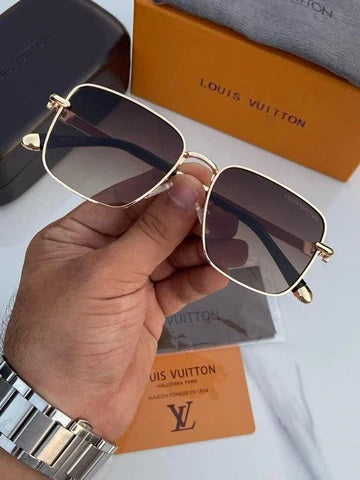 LV Black lenses And Golden GC Design Frame For Men's and Women's Sunglass Square Design Golden Strap Unisex Gift Sunglass LV-Gld-01