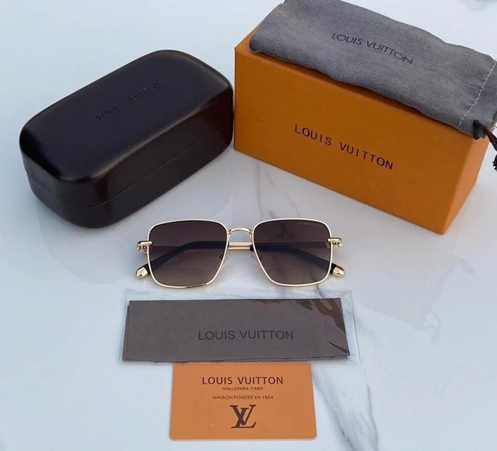 LV Black lenses And Golden GC Design Frame For Men's and Women's Sunglass Square Design Golden Strap Unisex Gift Sunglass LV-Gld-01