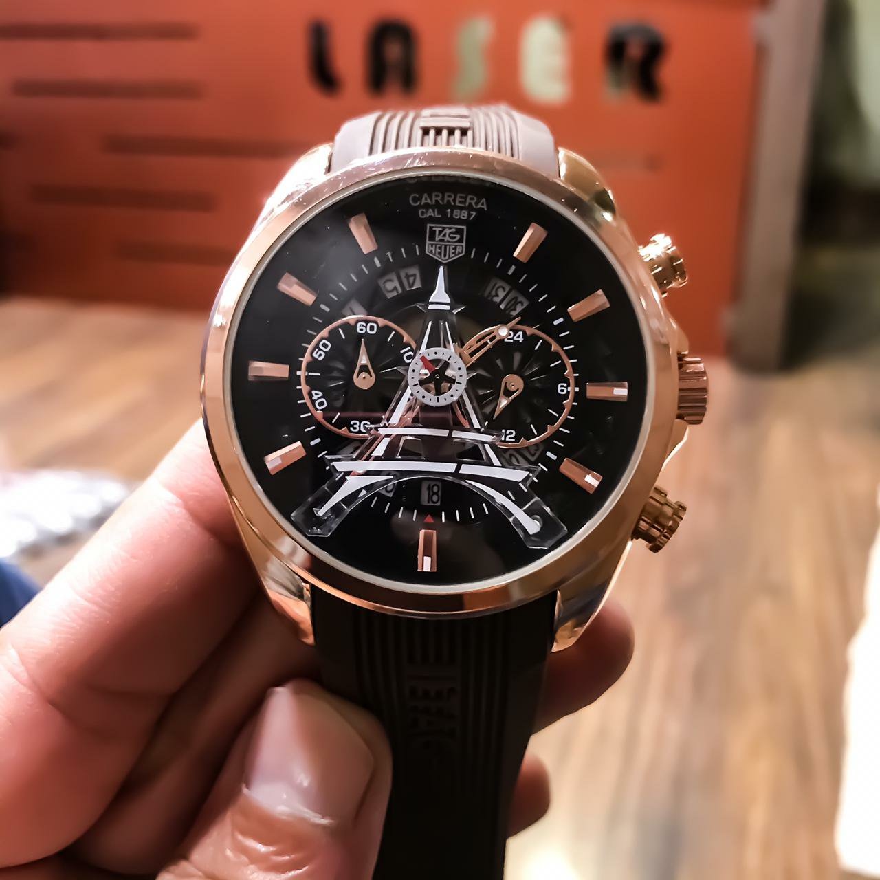 Tag Heuer Carrera Caliber Eiffel Tower Edition TAG-IT-55 Fiber Brown Color And Sapphire Glass Watch Rubber Strap Chronograph Black Dial Watch For Men's __ Classy Look Watch