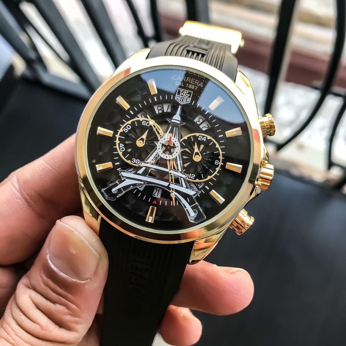 Tag Heuer Carrera Caliber Eiffel Tower Edition TAG-IT-77 Black Color And Sapphire Glass Watch Black Rubber Strap Chronograph Black Dial With Gold Case Watch For Men's __ Classy Look Watch