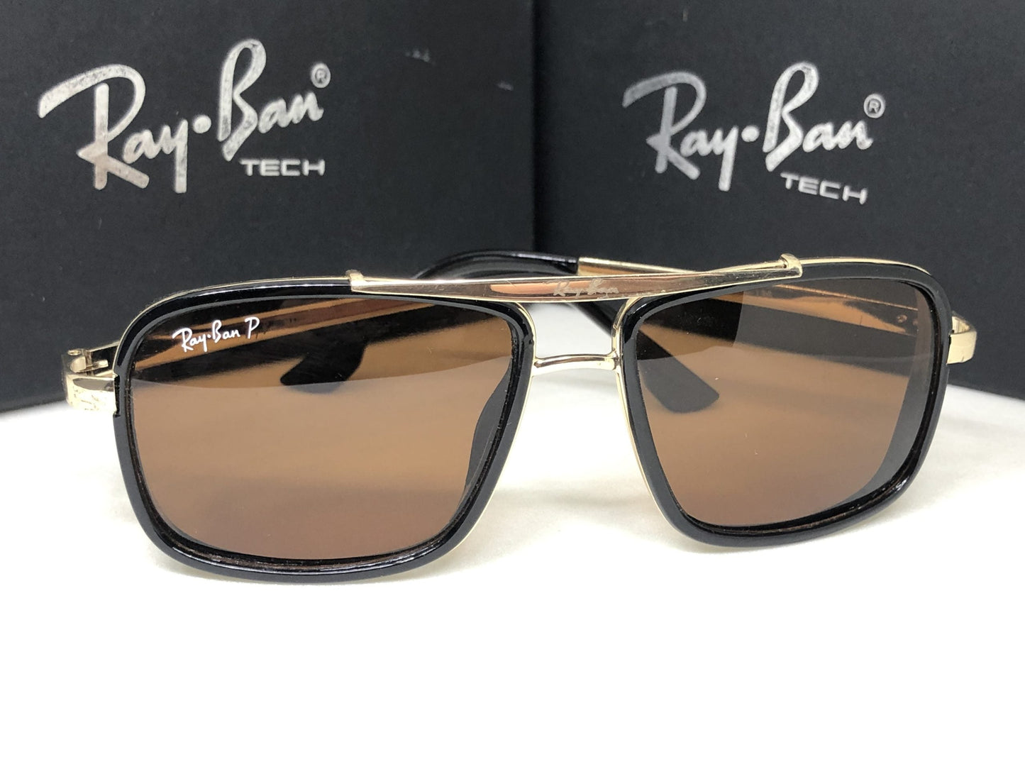 RayBan Square Frame Sunglass With Brown Len's Sunglass For Men's Women's Or Girls Black Glass And Gold Frame Sunglasses RB-0970- Unisex Sunglass