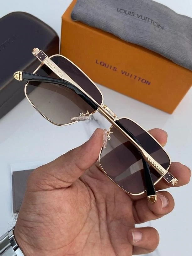 LV Black lenses And Golden GC Design Frame For Men's and Women's Sunglass Square Design Golden Strap Unisex Gift Sunglass LV-Gld-01