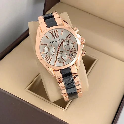 Michael Kors Chronograph Rose Gold And Black Strap Women's Watch for Girl or Women White Dial MK-9209