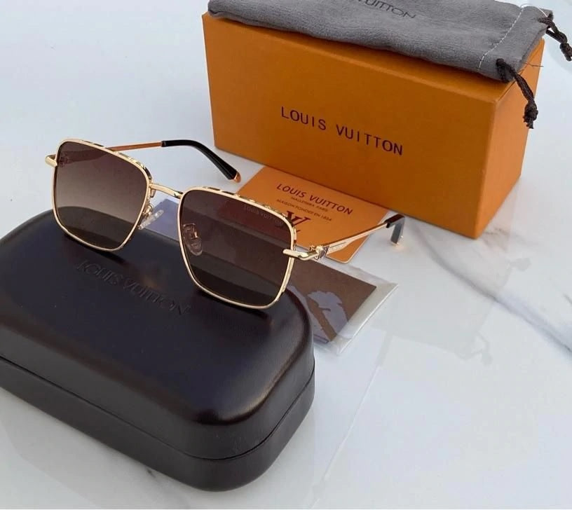 LV Black lenses And Golden GC Design Frame For Men's and Women's Sunglass Square Design Golden Strap Unisex Gift Sunglass LV-Gld-01