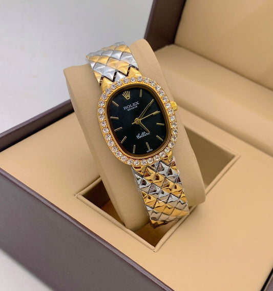 Rolex Qurtz Movement Women's Watch  Gold Diamond Case & Black Dial Vintage Designer Multicolor Strap Watch Women Or Girls - Best Watch For Causal Use RLX-OREL-01