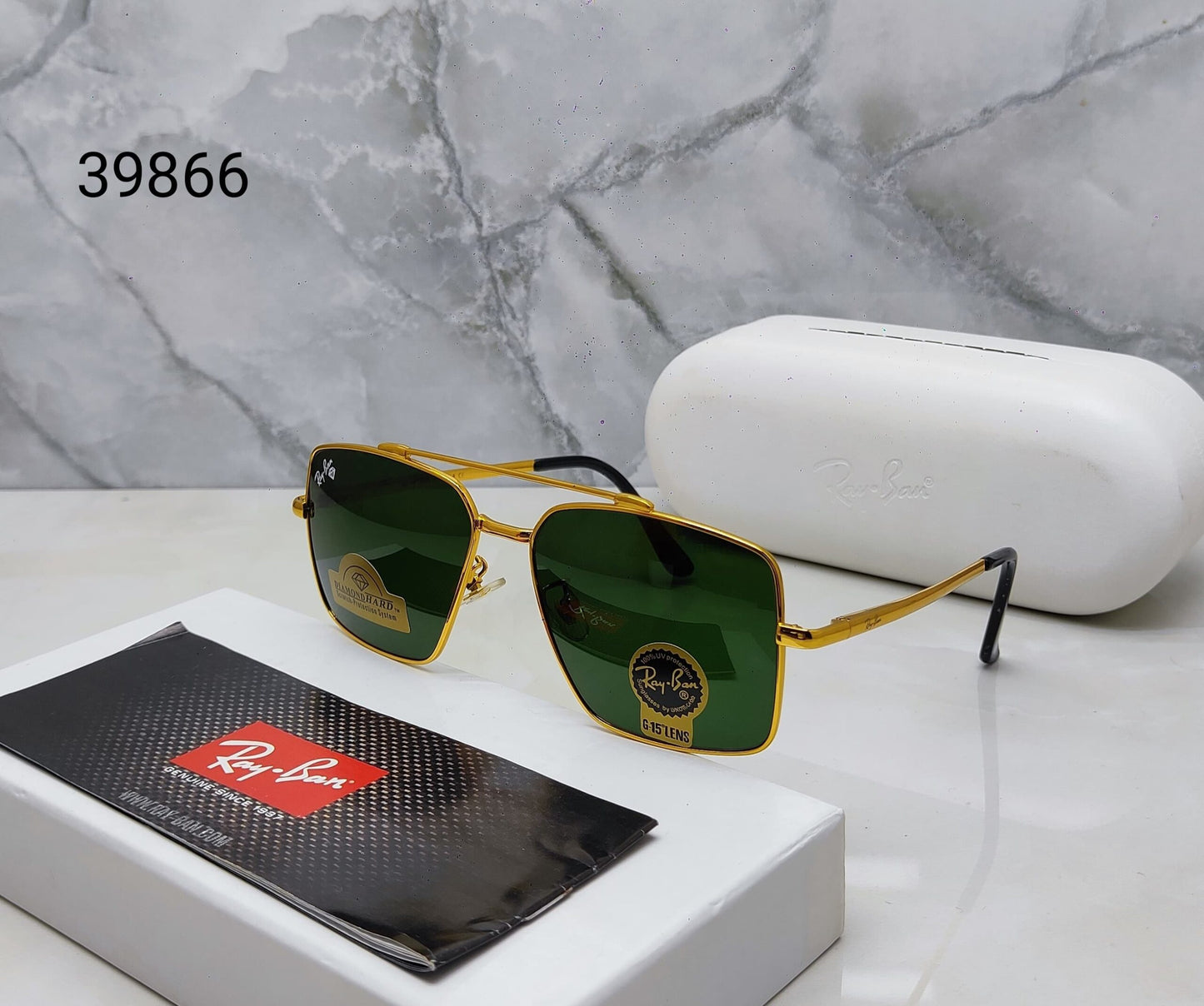 RayBan Retro Green Glass And Golden Frame Sunglasses Unisex Sunglass For Men's Women and Girl's -RB-39869