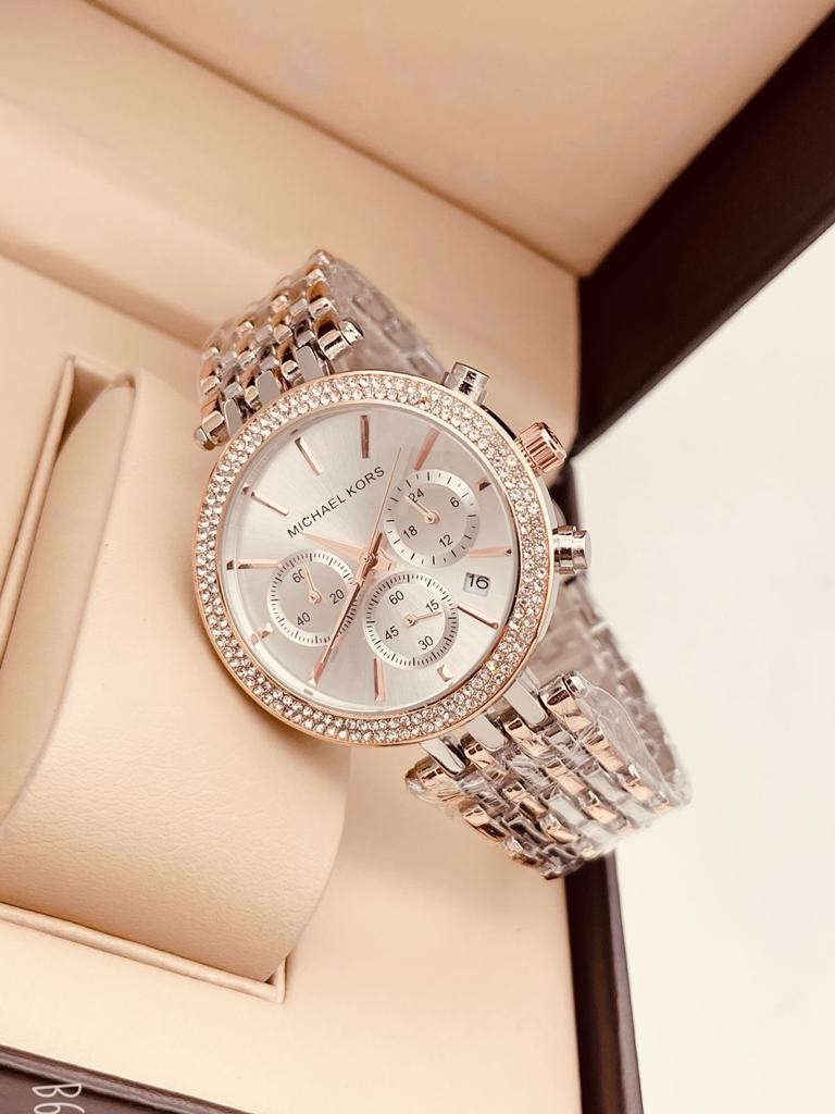 Michael Kors Chronograph Silver And Rose Gold Strap Womenƒ??s Watch for Girl or Woman Silver Dial MK-9128