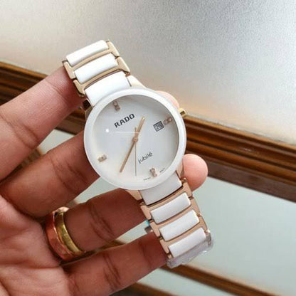 Rado Ceramic White Dated White Dial Color White Ceremic Rosegold and white Strap RD-5873 Luxury Watch For Women's Watch- Best For Women's