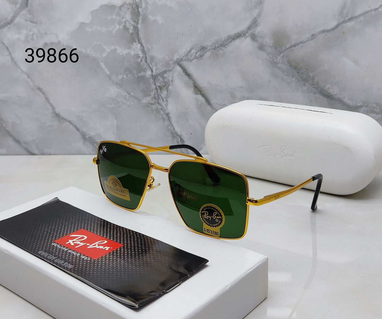 RayBan Retro Green Glass And Gold Frame Sunglasses Unisex Sunglass - RB-4934
