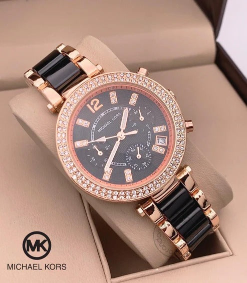Two-Tone Starp Women's Chronograph Mk-022 Watch For Girl Or Woman Black Dial Diamond Case Date Best Gift For Women