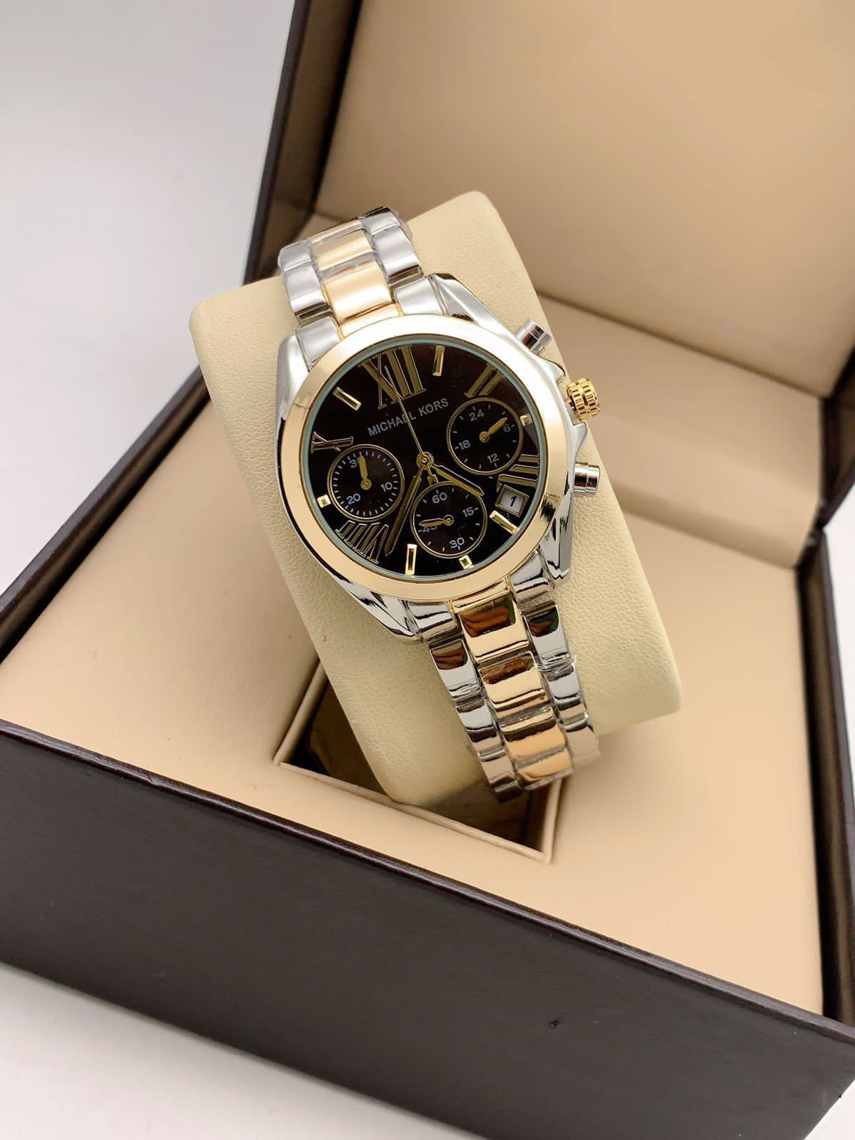 Michael Kors Chronograph Silver And Golden Strap Watch for Girl or Women Black Dial MK-8659