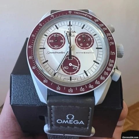 Swatch x Omega Cream and Maroon Dial/Black Strap Bioceramic Moonswatch Mission to Mercury OG-1029