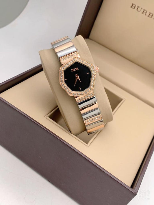 Dior Designer Quartz Swiss made DR-201 Watch With Black Dial Rose Gold Cover Multicolor Strap And Braclet Design Watch for Women and Girls Vintage Collection- Best Gift