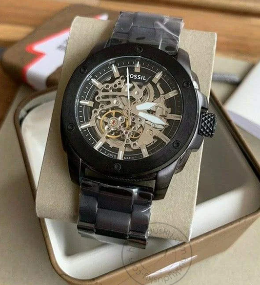 Fossil Skeleton Black Chronograph Automatic Mens Watch ME3080 Formal Casual Metal Watch for Man