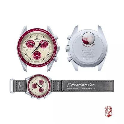 Swatch x Omega Cream and Maroon Dial/Black Strap Bioceramic Moonswatch Mission to Mercury OG-1029