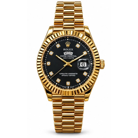 RLX Day-Date Gold-Toned Black Dial Watch with Diamond-style hour markers RLX-2544