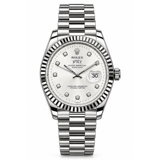 Rolex Day-Date Silver-Toned Black Dial Watch with Diamond-style hour markers-RLX-2545