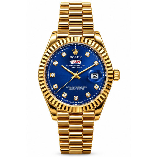Role_x Day-Date Gold-Toned Blue Dial Watch with Diamond-style hour markers-RLX-2546
