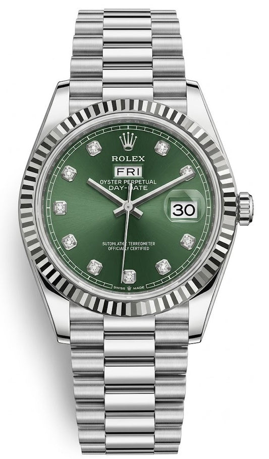 Rolex Day-Date Silver-Toned Green Dial Quartz Watch with Diamond-style hour markers-RLX-2550