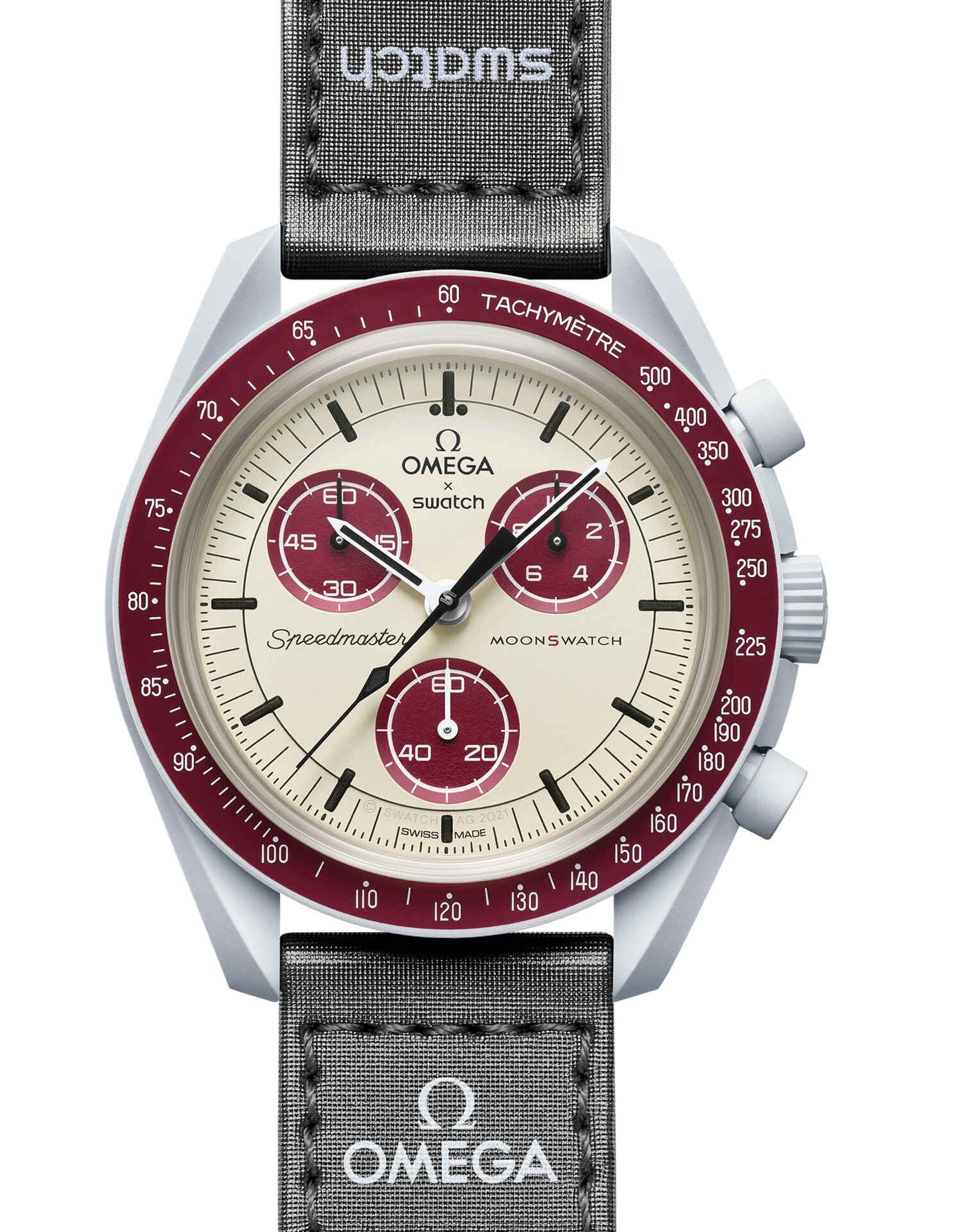 Swatch x Omega Cream and Maroon Dial/Black Strap Bioceramic Moonswatch Mission to Mercury OG-1029