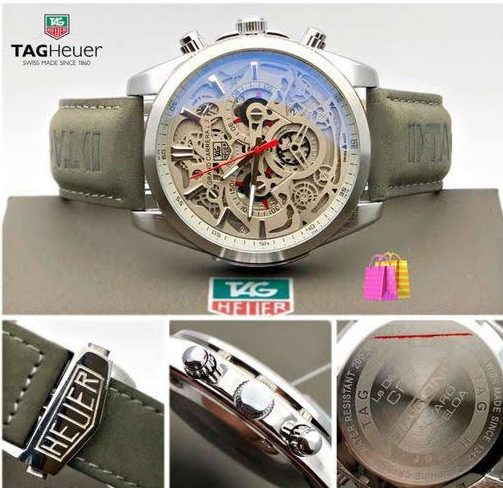 TG CR7 Diagno Grey Chronograph Multi Dial Leather Mens TAG-CAR2110-SILVER Watch for Man - Gift