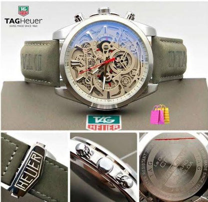TG CR7 Diagno Grey Chronograph Multi Dial Leather Mens TAG-CAR2110-SILVER Watch for Man - Gift