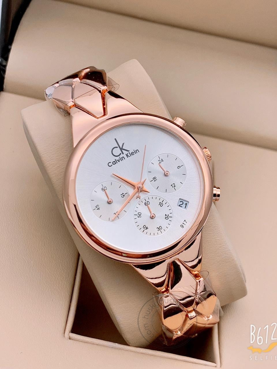 Calvin Klein Rose Gold Women's Chronographs Date Watch For Girl or Woman CK-11 White Dial Metal Strap- Gift