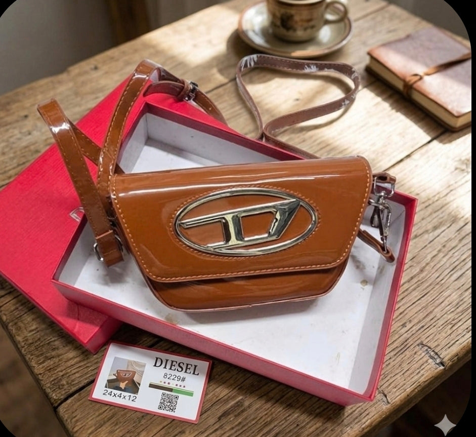 Diesel 1DR Brown Patent Leather-finish Crossbody Iconic Medium Shoulder Bag  DZ-4461-WBG