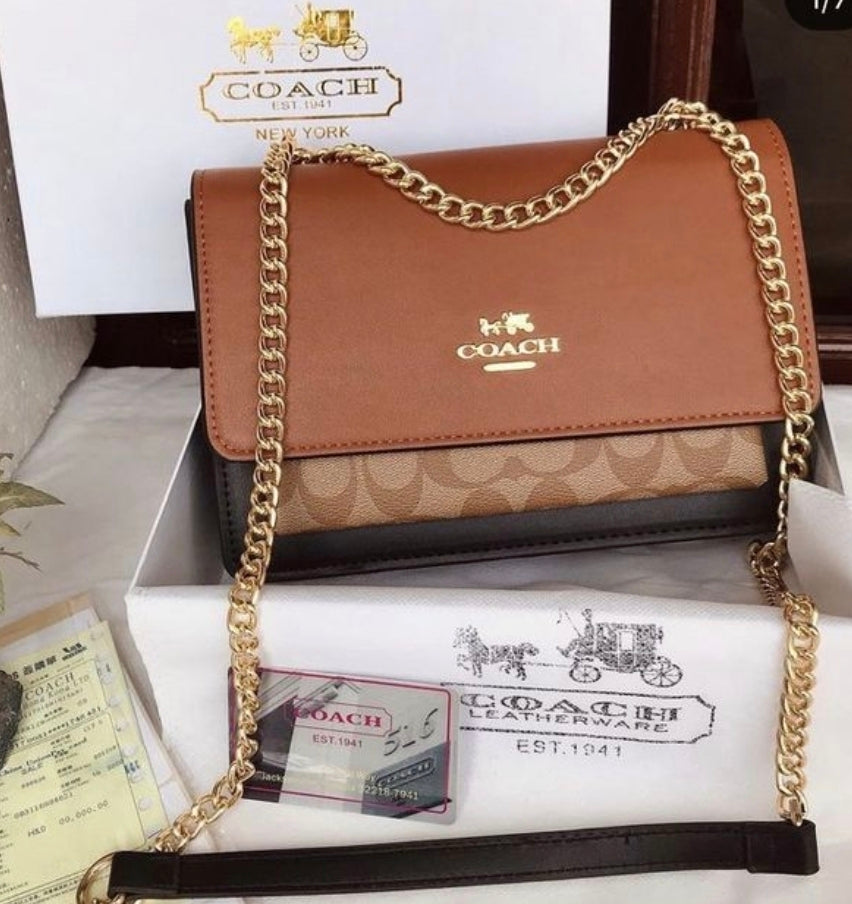 Coach Klare signature Crossbody bag with Brown and Tan blocked canvas design with a gold chain strap Shoulder Bag  CO-4461-WBG