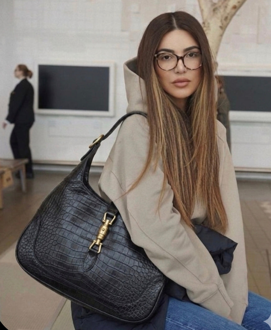 GUCCI Jackie Black Leather Iconic Hobo-style bag with Gold-tone Piston & a black Croc-Effect Shoulder Bag GC-4437-WBG