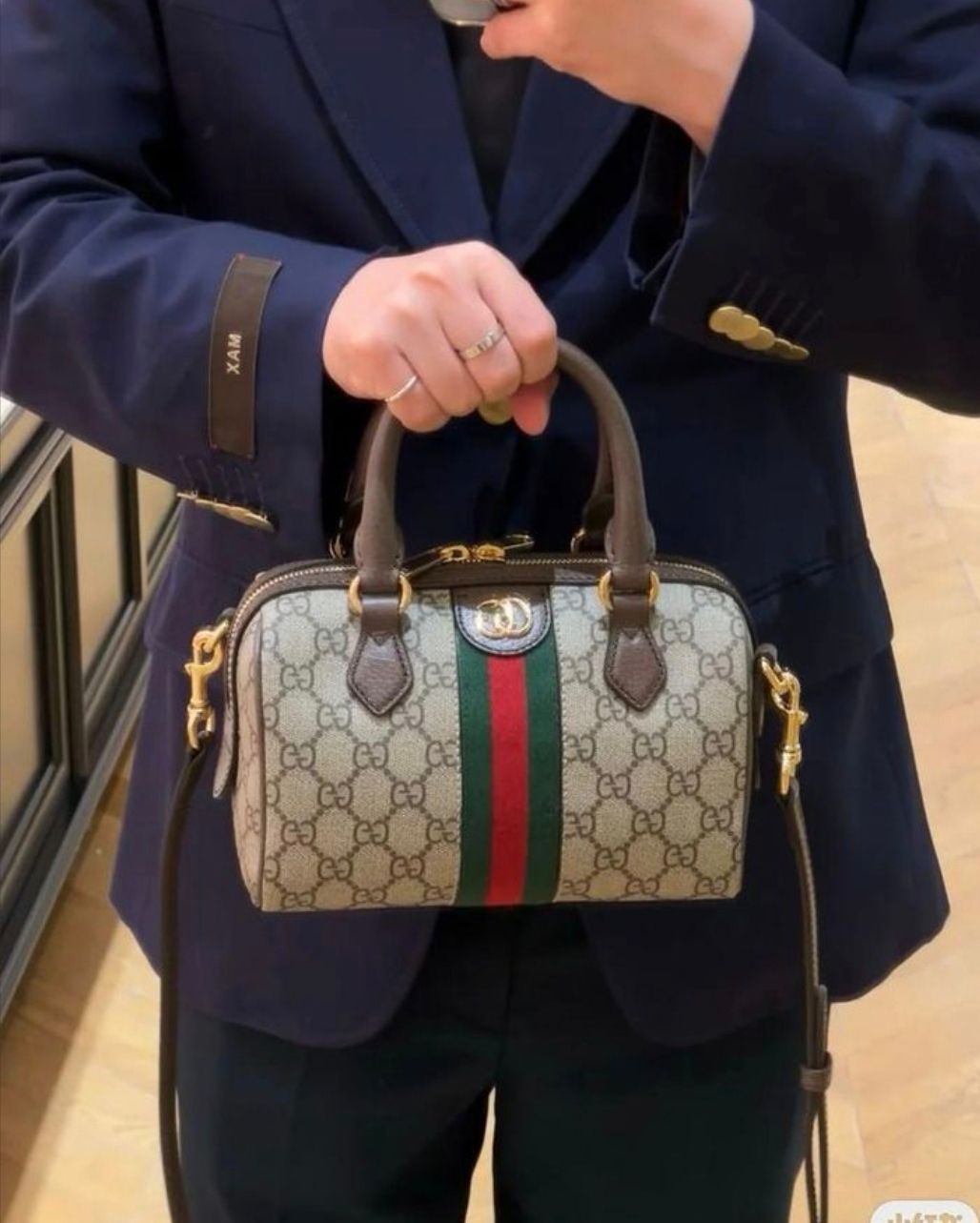 Gucci Brown Ophidia Mini Boston bag featuring the iconic GG Supreme canvas and Web stripe GC-4439-WBG