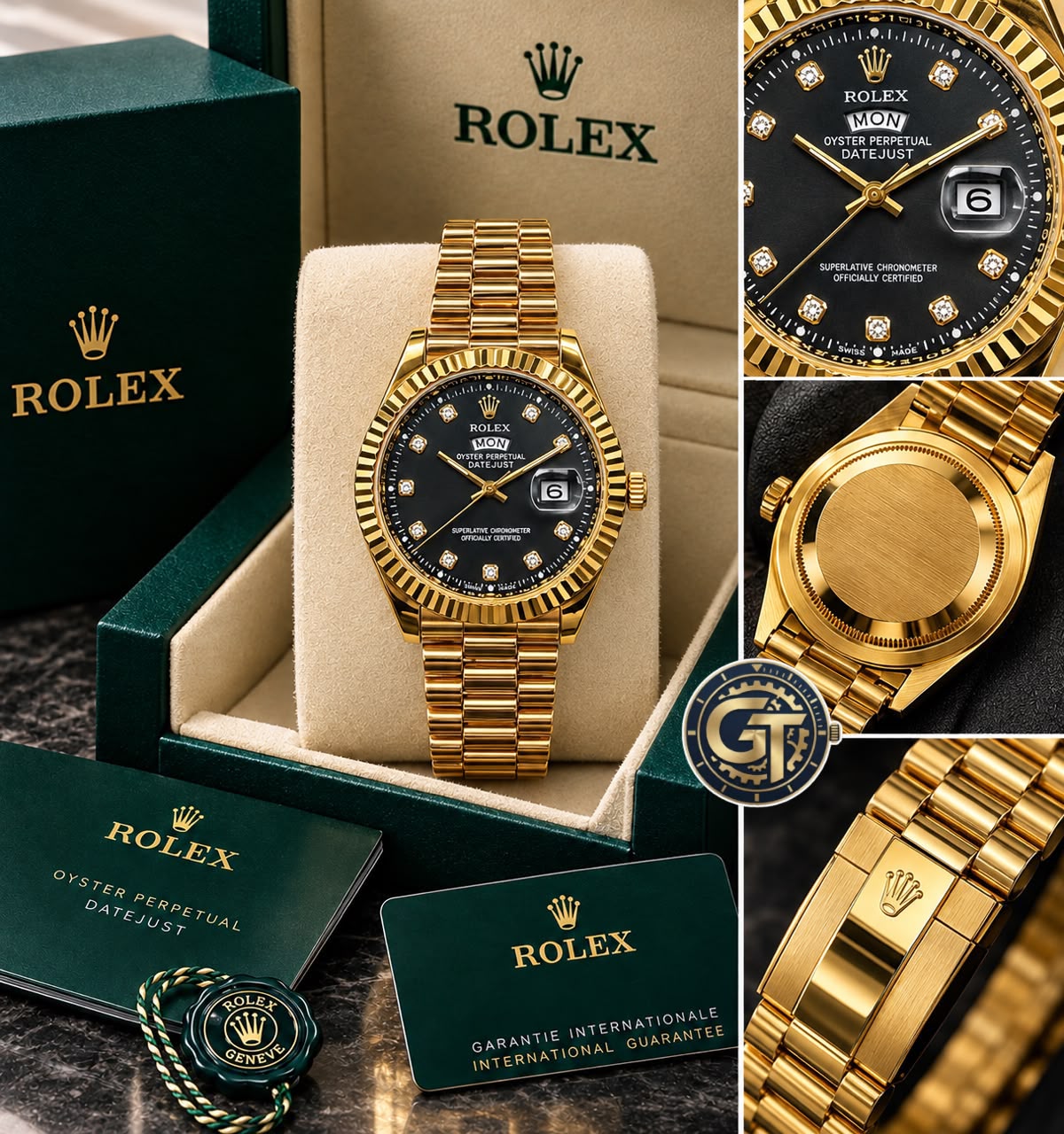 Rolex Day-Date Gold-Toned Black Dial Watch with Diamond-style hour markers-RLX-2544